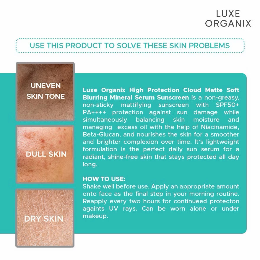 Luxe Organix Cloud Matte Soft Blurring Mineral Serum Sunscreen SPF50+ PA+++