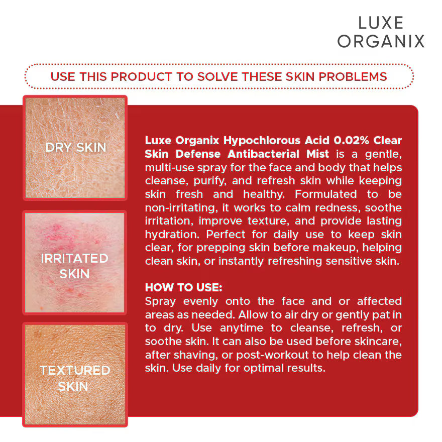 Luxe Organix Hypochlorous Acid 0.02% Clear Skin Defense Antibacterial Mist