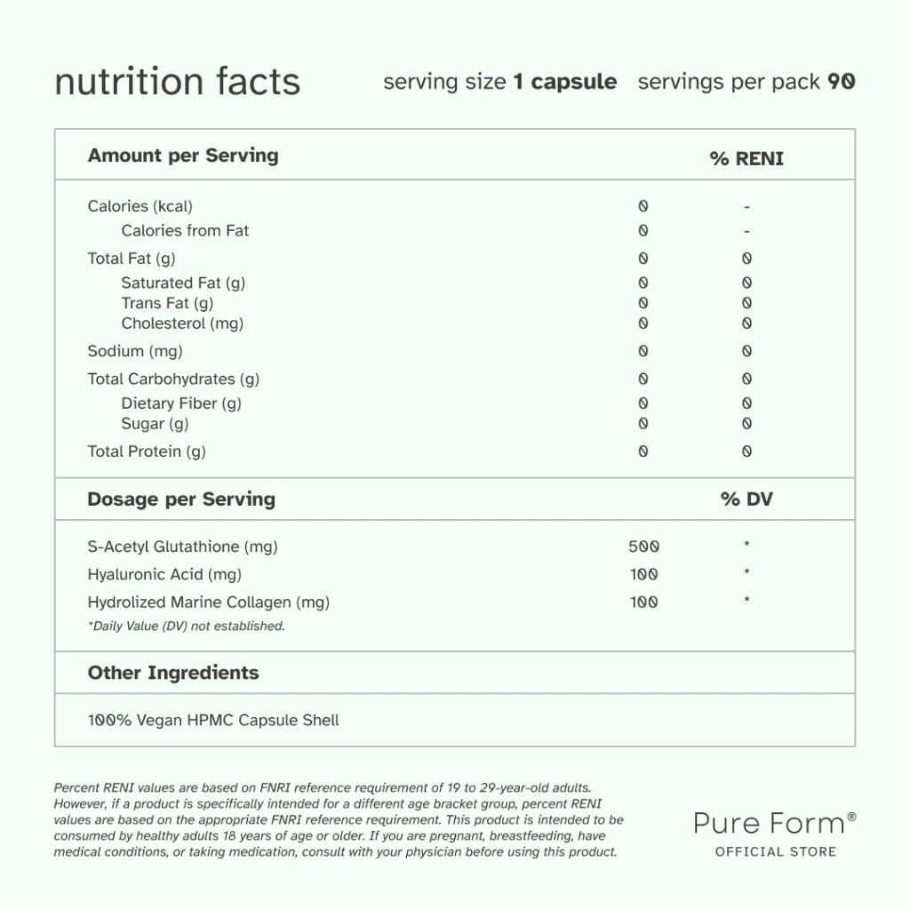 Pure Form S-Acetyl Glutathione with Hyaluronic Acid and Collagen Capsule